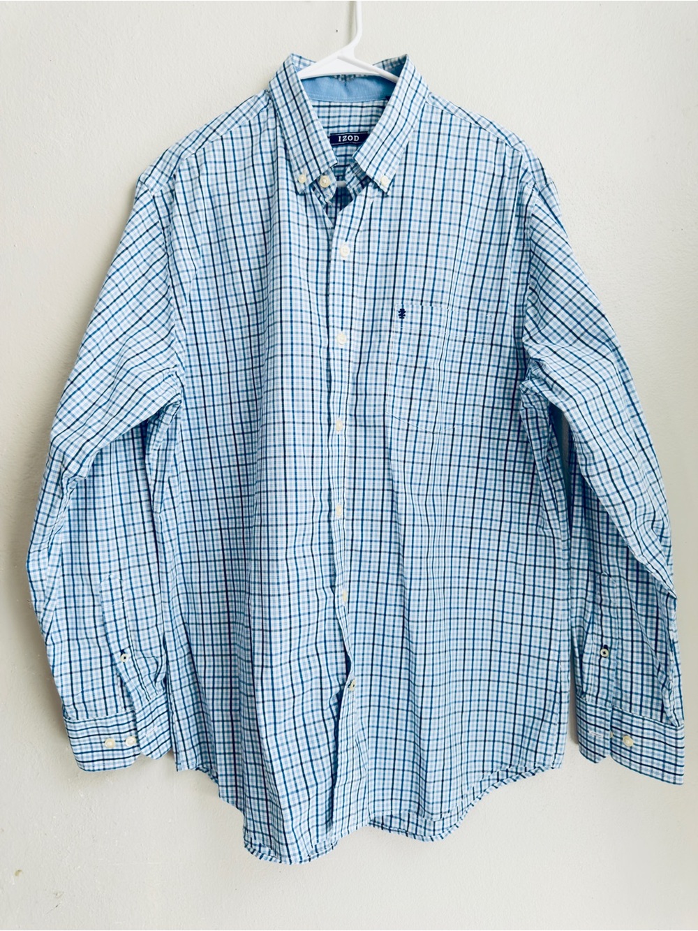 IZOD Men's Long Sleeve Button Down Shirt Plaid Blue White Check-Large